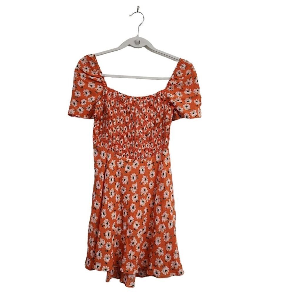 Zara Mini Dress Womens Medium Orange Floral Smocked Bloggers Favorite Boho